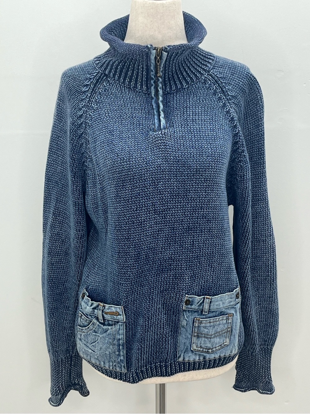 VINTAGE PBJ Blues Quarter Zip Blue Knit Sweater Denim Elbow Patches Pockets S/P
